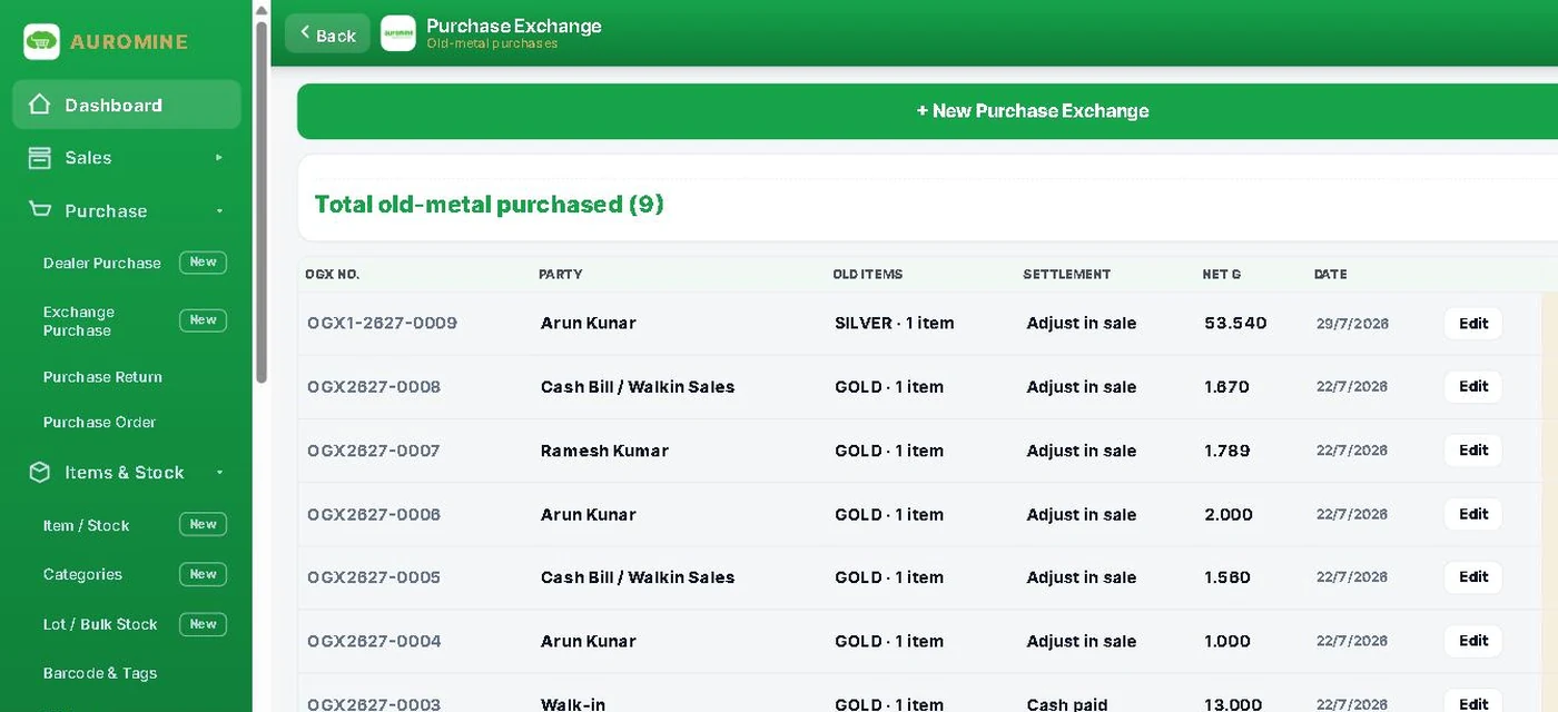 Purchase exchange, refinery, karigar and sales order menu on the web app