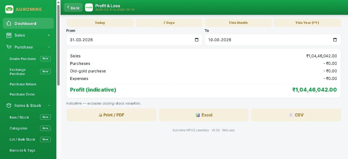 Profit and loss statement in the Auromine web app