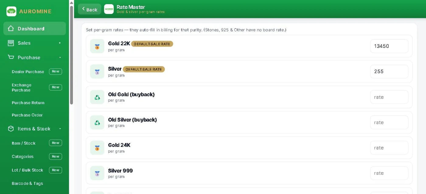 Rate master with per-gram gold and silver rates on the web app