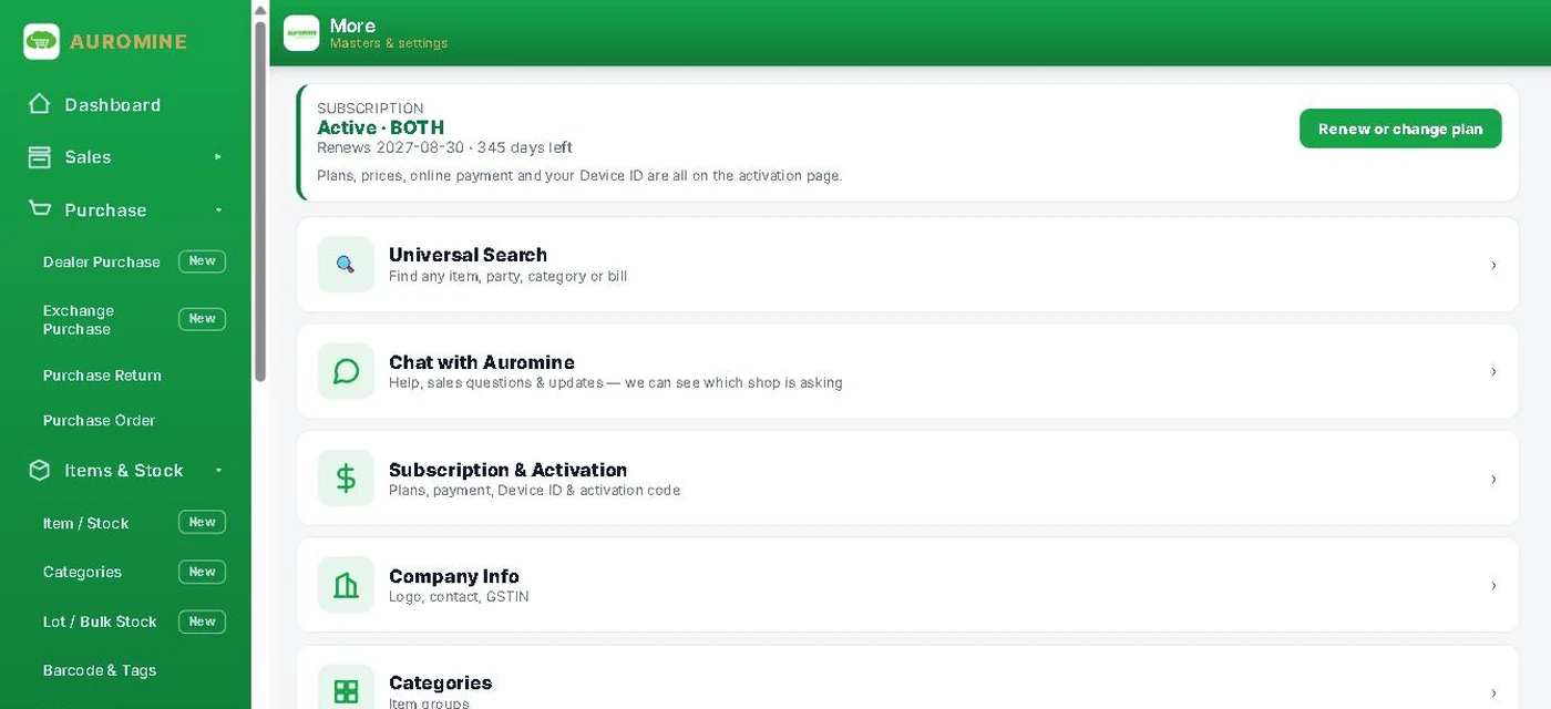 Settings menu with tax master, rate master, appearance and backup