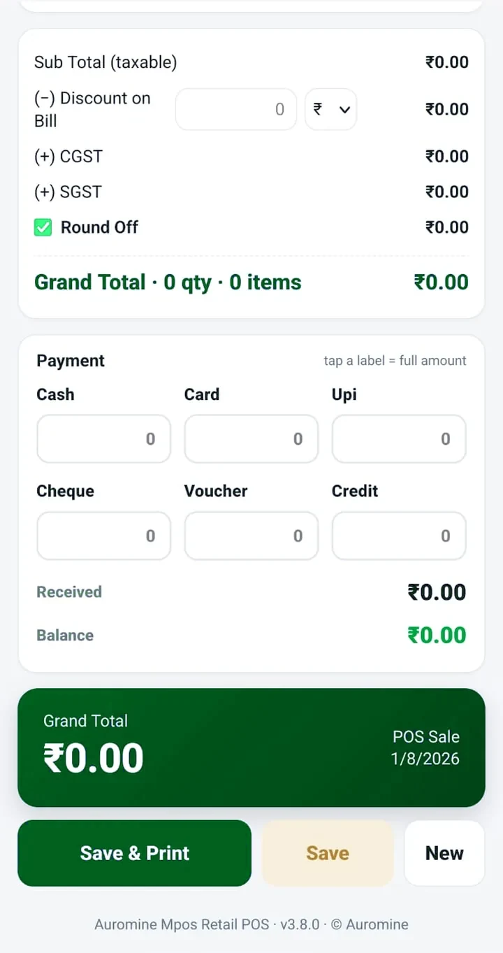 Split payment screen with cash, card, UPI, cheque, voucher and credit