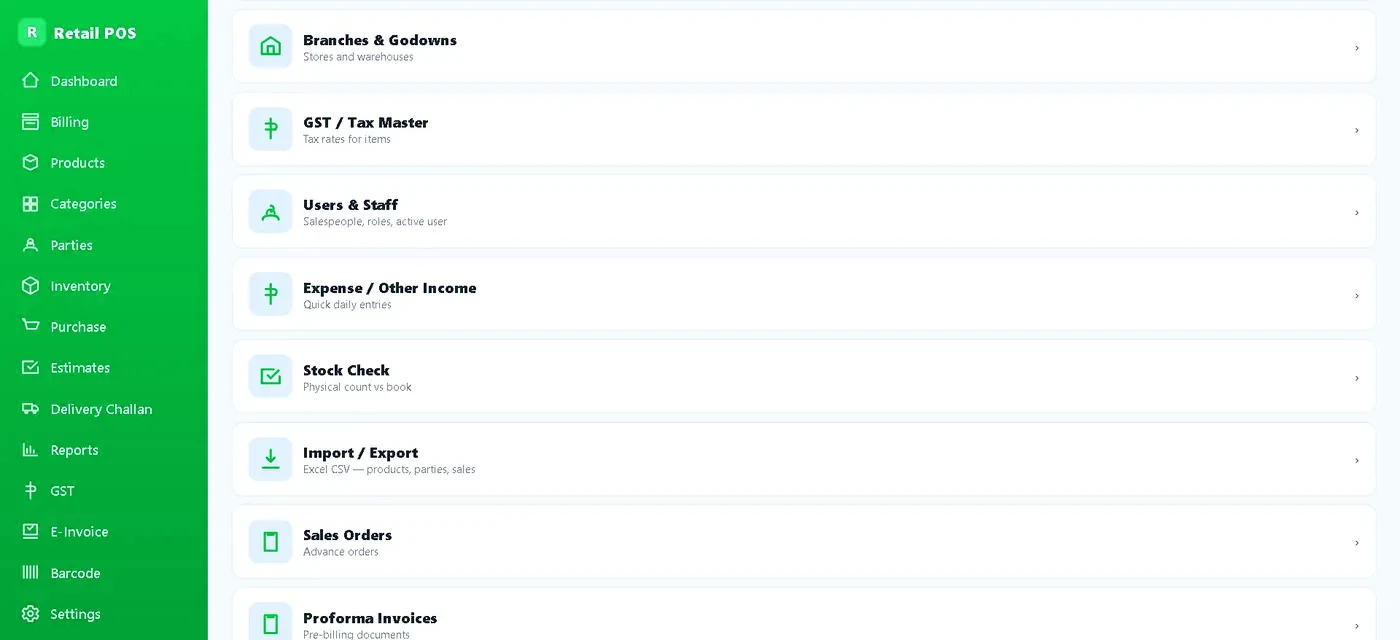 Retail POS masters list with branches, users, stock check and import export