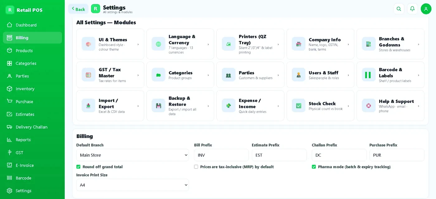 Retail POS settings page showing all fifteen module tiles