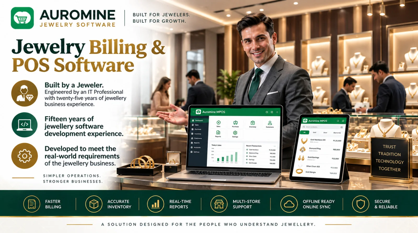 Auromine jewellery billing and POS software: built by a jeweller, engineered by an IT professional with twenty-five years in the jewellery business and fifteen years building jewellery software