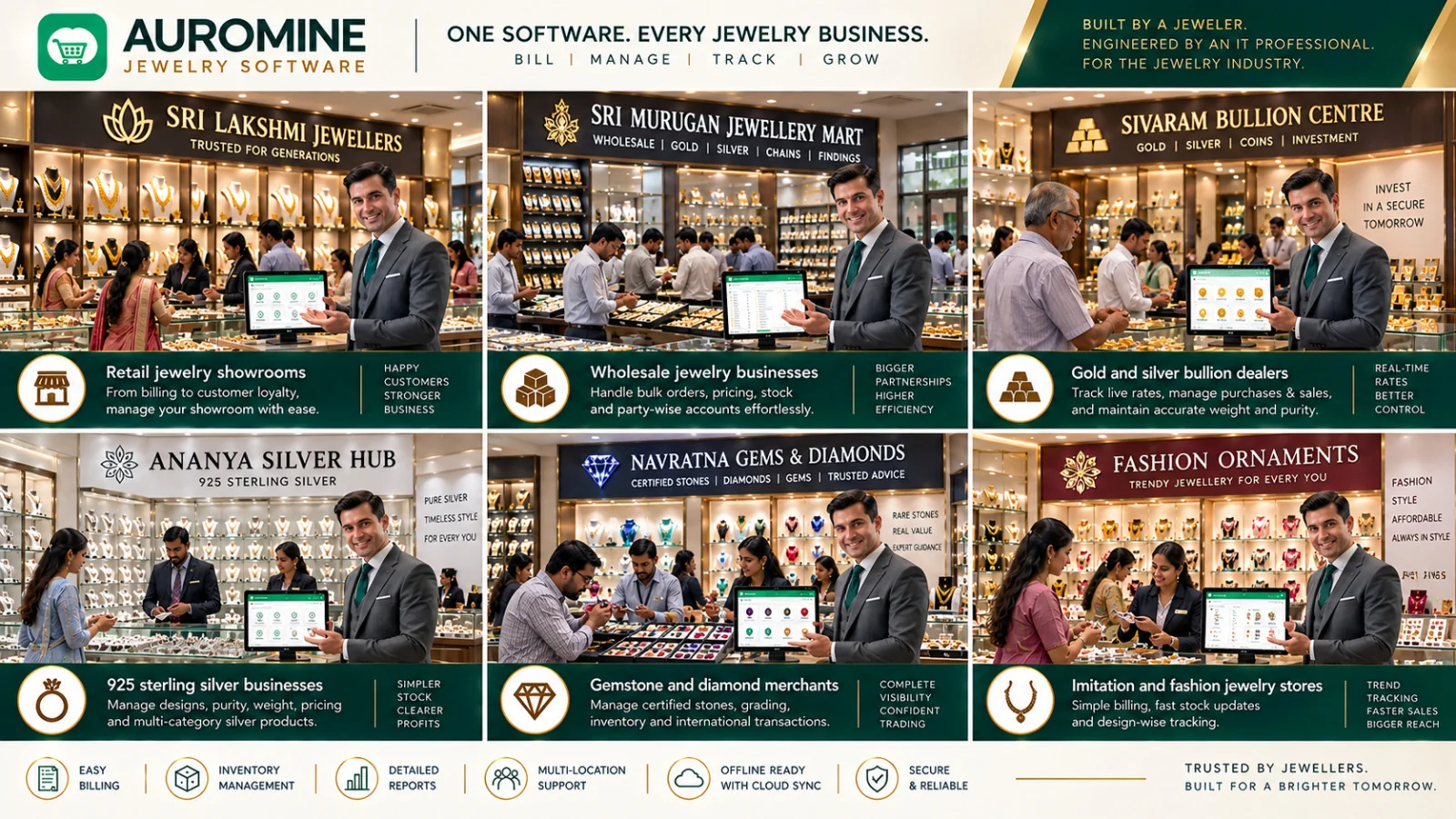 Auromine jewellery software across six kinds of business: retail showrooms, wholesale, bullion dealers, 925 sterling silver, gemstone and diamond merchants, and imitation and fashion jewellery