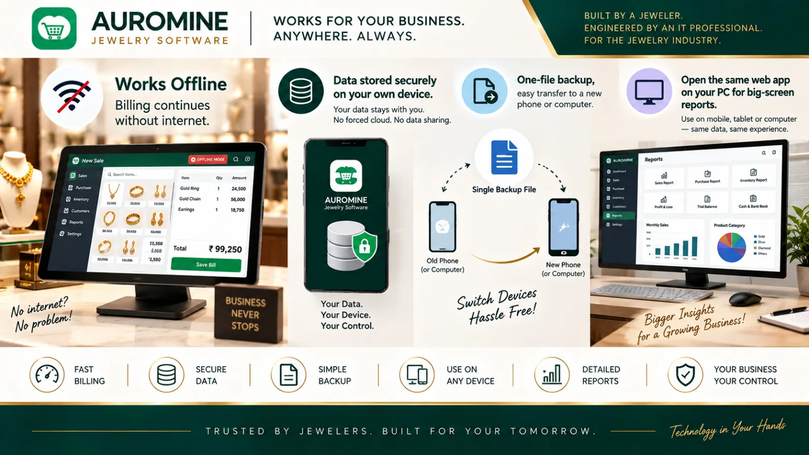 Auromine works offline so billing continues without internet, stores data on your own device, moves to a new phone with a one-file backup, and opens the same web app on a PC for full-size reports