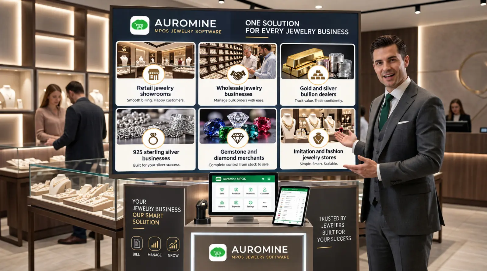 Auromine MPOS Jewelry Software — one solution for every jewellery business: retail jewellery showrooms, wholesale jewellery businesses, gold and silver bullion dealers, 925 sterling silver businesses, gemstone and diamond merchants, and imitation and fashion jewellery stores, billing on a counter computer and a tablet