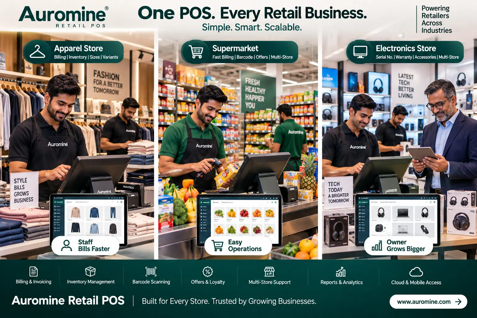 Auromine Retail POS running in an apparel store with sizes and variants, a supermarket with fast billing, barcode and offers, and an electronics store with serial numbers and warranty tracking — billing and invoicing, inventory management, barcode scanning, offers and loyalty, multi-store support, reports and analytics, cloud and mobile access
