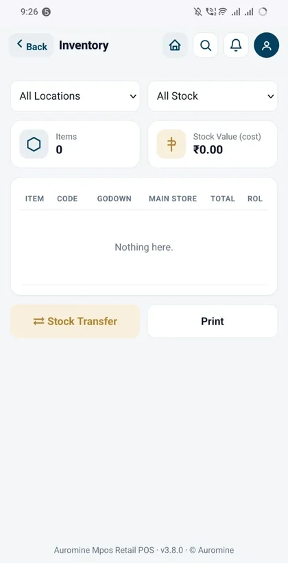 Auromine Retail POS inventory screen
